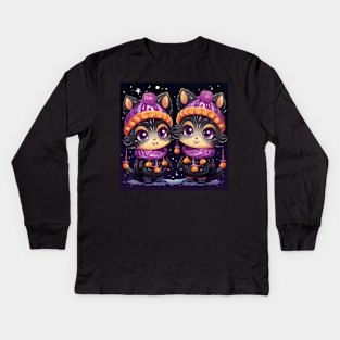 Christmas Illustration - Cute and Funny Kittens in Winter Hats and Scarves, a Playful Design Perfect for the Holiday Season. Kids Long Sleeve T-Shirt